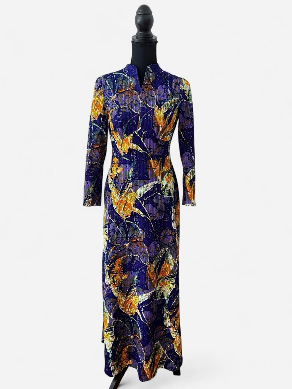 Vintage 70s Psychedelic Tropical Print Colorful Long Sleeve Maxi Dress Retro Mod